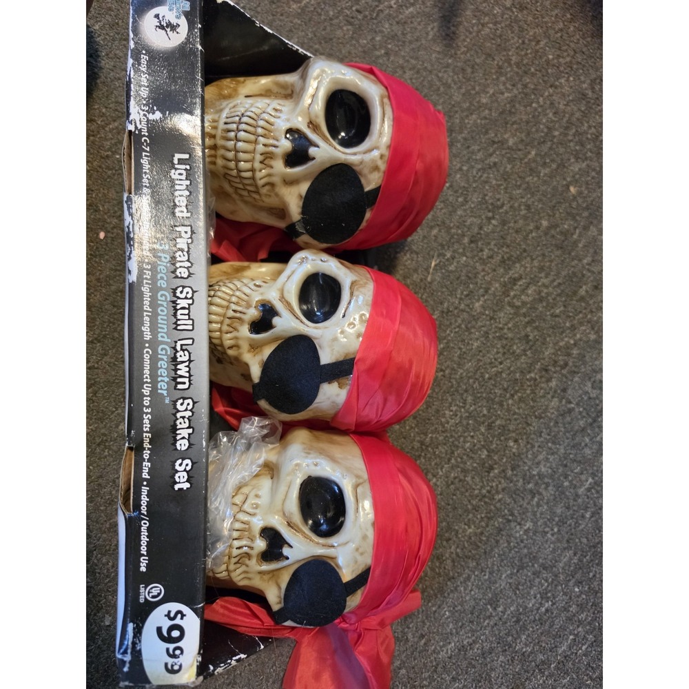 90s Halloween 3 Piece Lighted Pirate Skull Lawn Stake Set 3 Ft Length - New